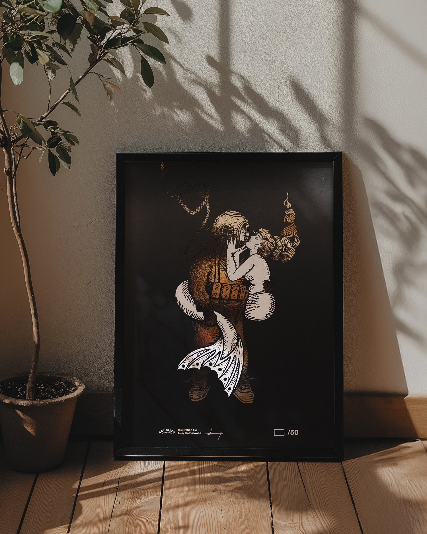 Limited Edition ‘Diver & Mermaid’ Gold Foil A3 Print by Art Disco