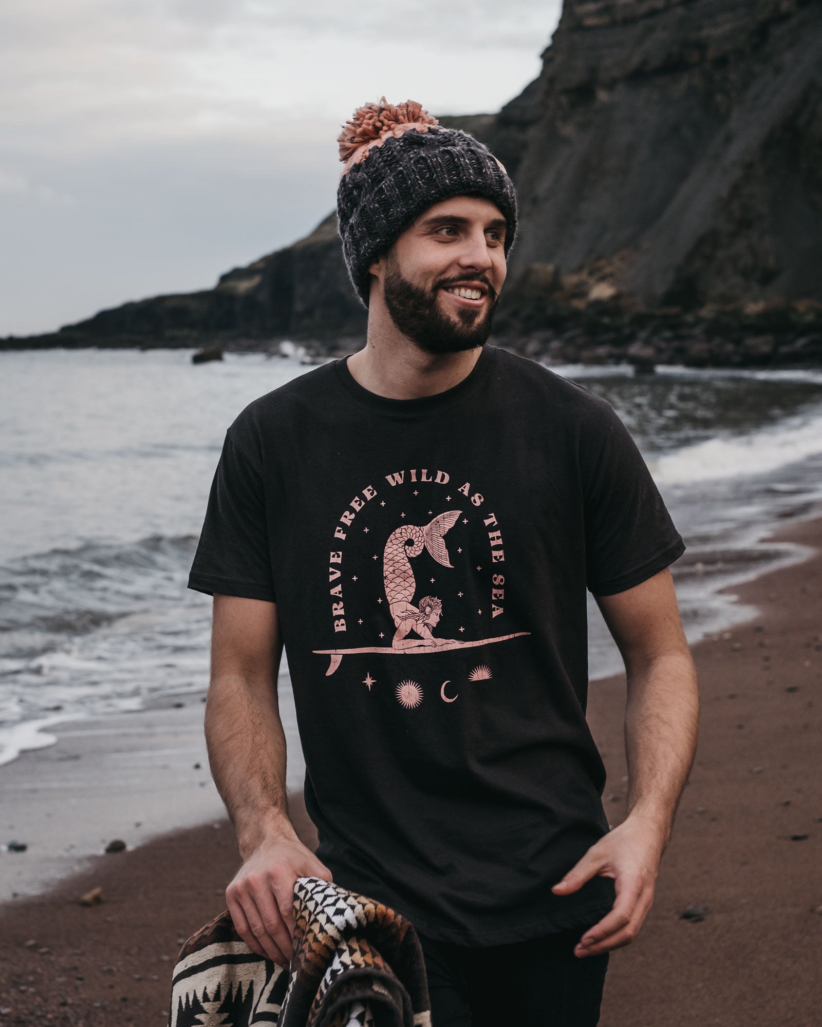 Road Trips + Sea Dips Beanie | Desert rose and charcoal bobble hat ...